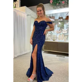 Sheath/Column Off-Shoulder Sequined Split Sleeveless Evening Dress