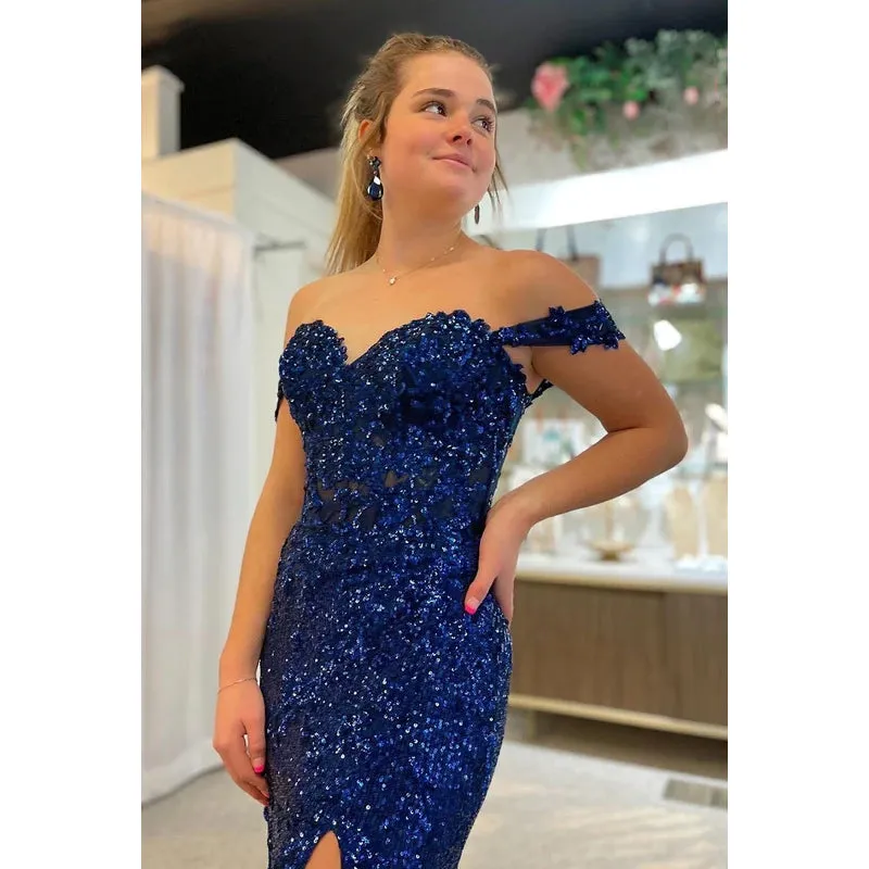 Sheath/Column Off-Shoulder Sequined Split Sleeveless Evening Dress
