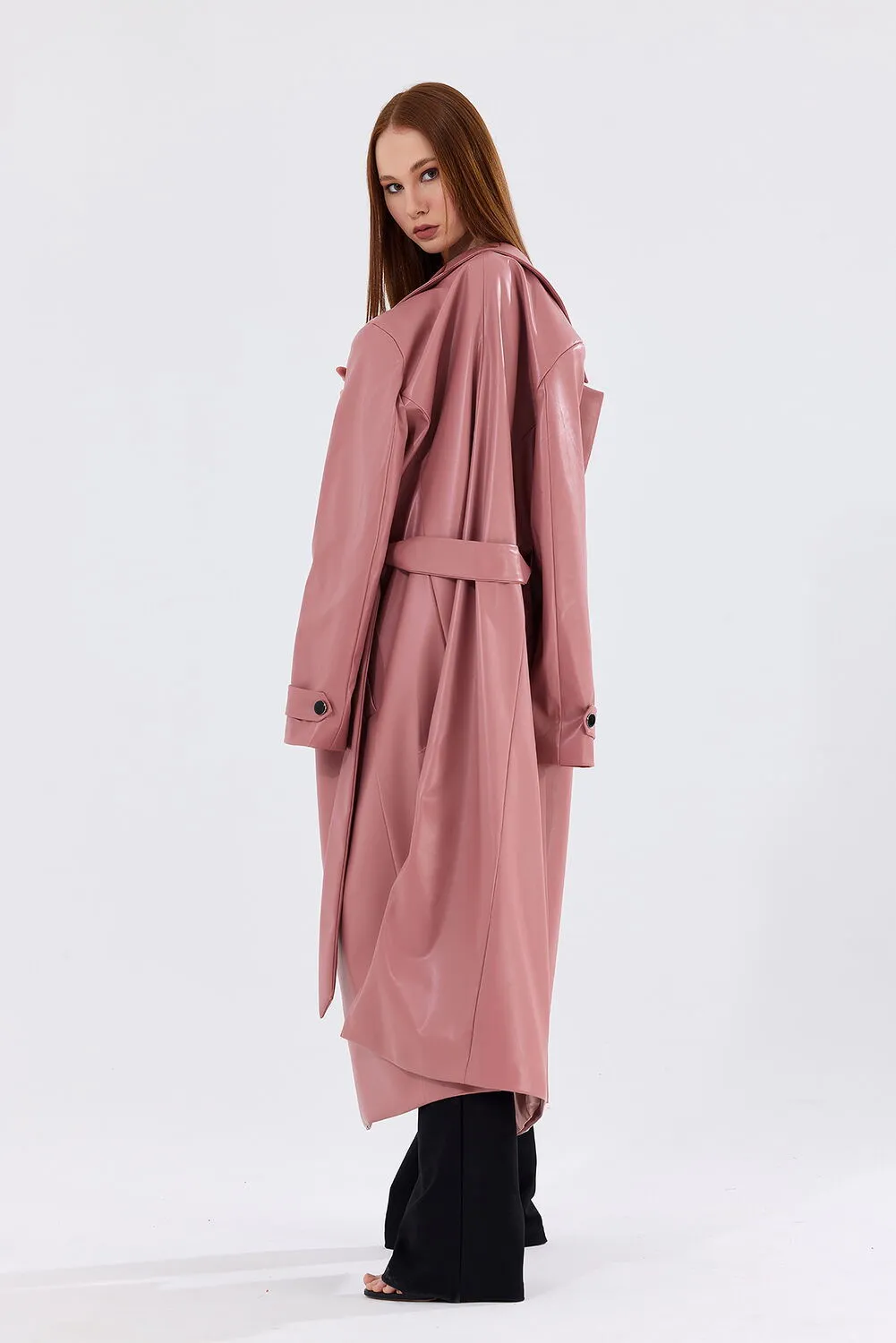 SNS Powdered Lined Belted Epaulet Faux Leather Trench Coat Dress - East Lansing