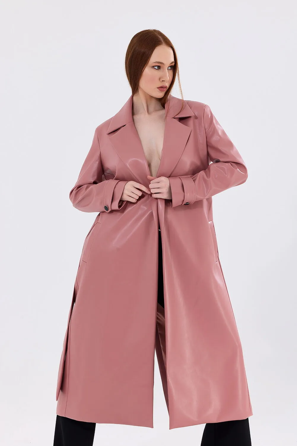 SNS Powdered Lined Belted Epaulet Faux Leather Trench Coat Dress - East Lansing