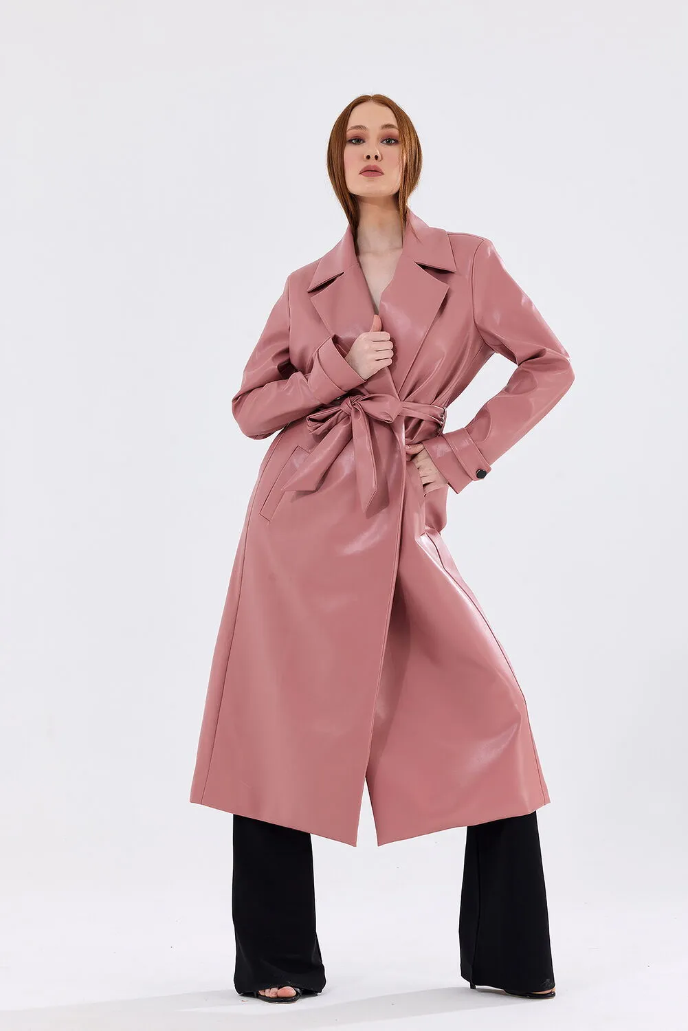 SNS Powdered Lined Belted Epaulet Faux Leather Trench Coat Dress - East Lansing