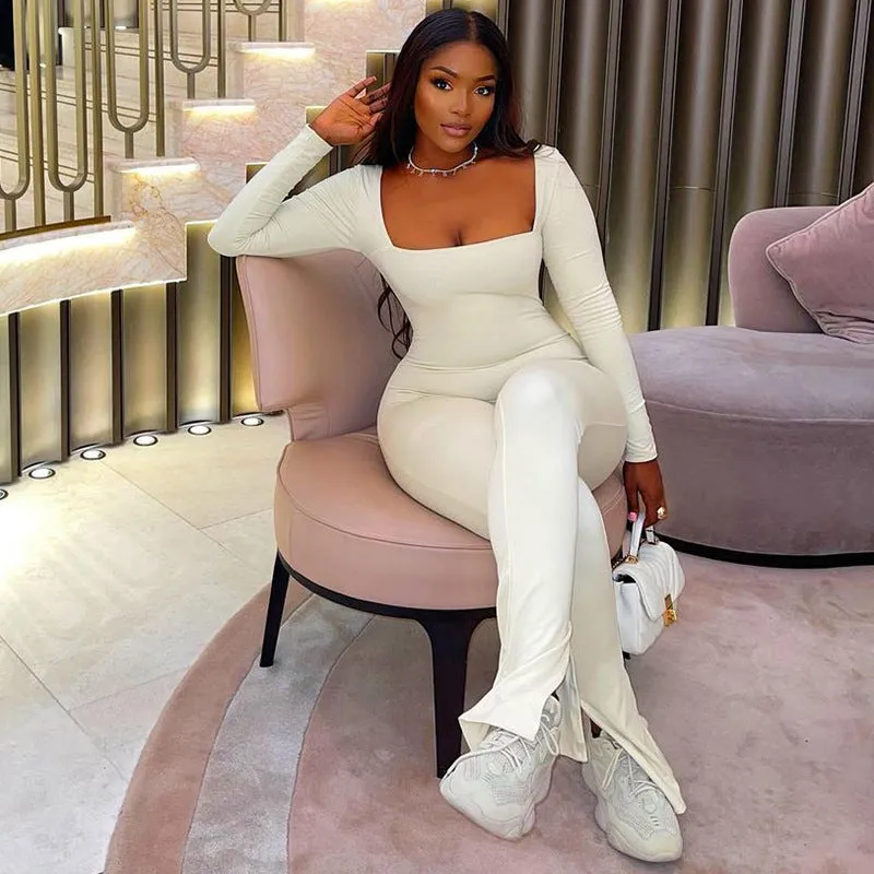 Square Neckline Split Hem Jumpsuit