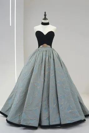 Stylish Black Velvet and Jacquard Fabric Long Prom Dress, A-Line Strapless Evening Dress