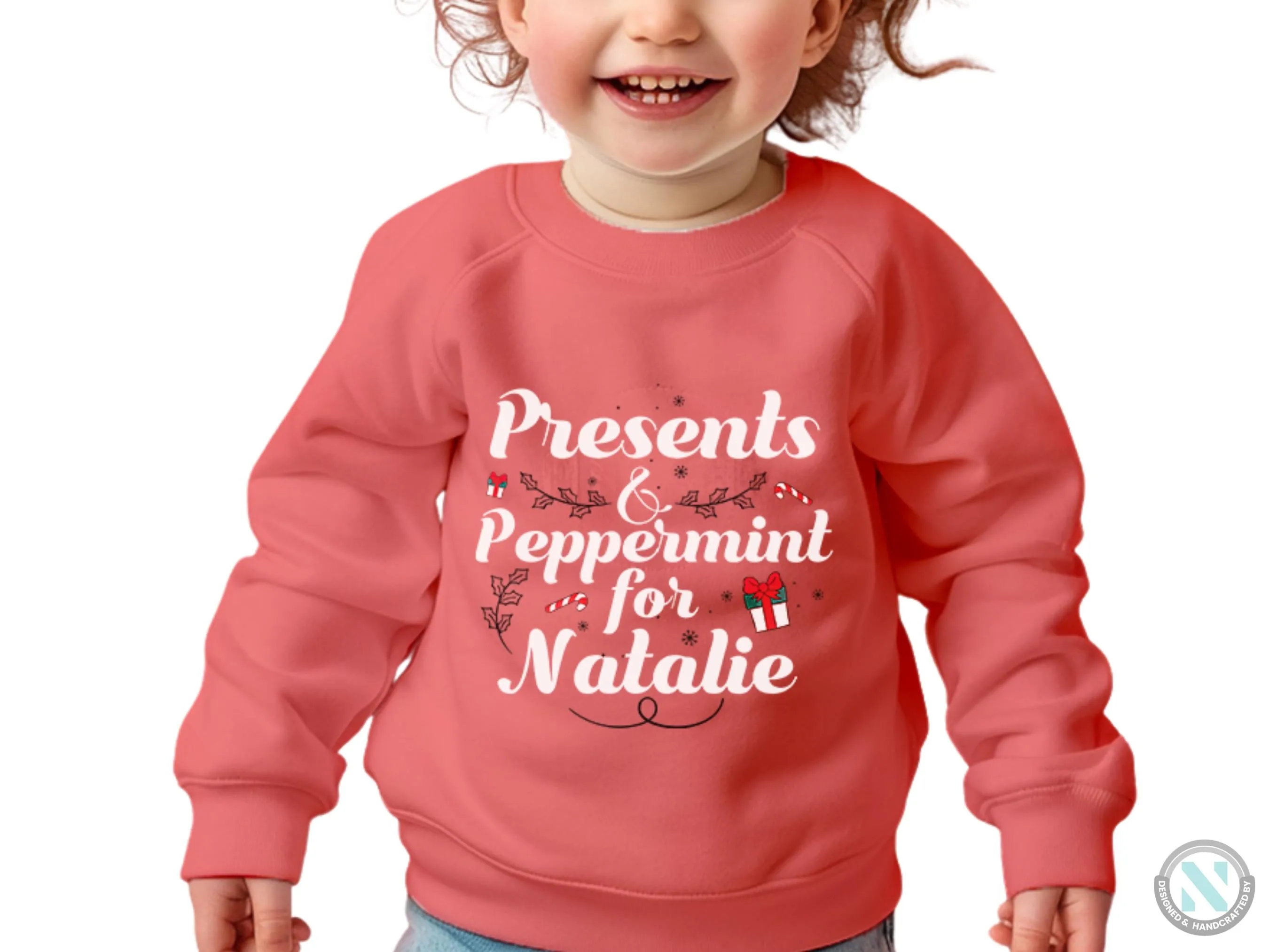 Toddler Girls Personalized Name Jumper Sweatshirt with Presents & Peppermint