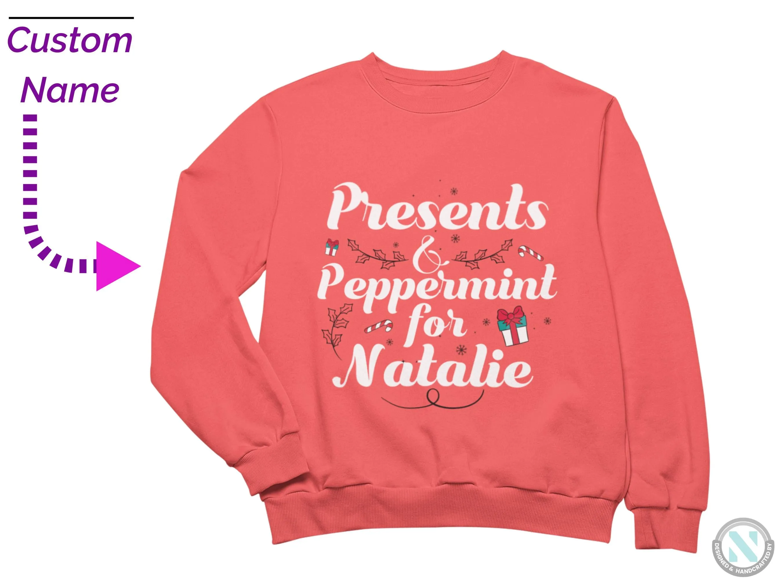 Toddler Girls Personalized Name Jumper Sweatshirt with Presents & Peppermint