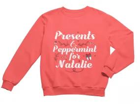 Toddler Girls Personalized Name Jumper Sweatshirt with Presents & Peppermint