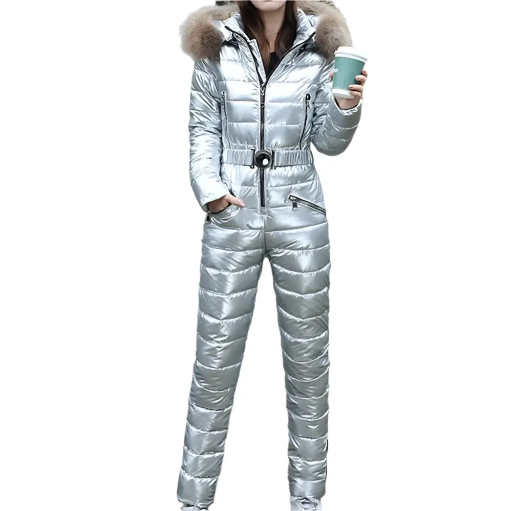 Trendy Women's Winter Ski Jumpsuit Bodysuit with Stand-Up Collar