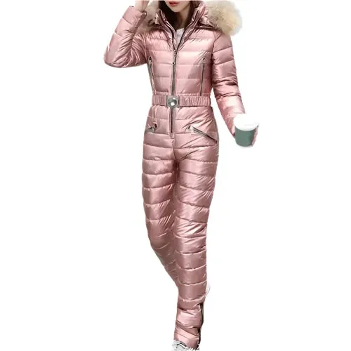 Trendy Women's Winter Ski Jumpsuit Bodysuit with Stand-Up Collar