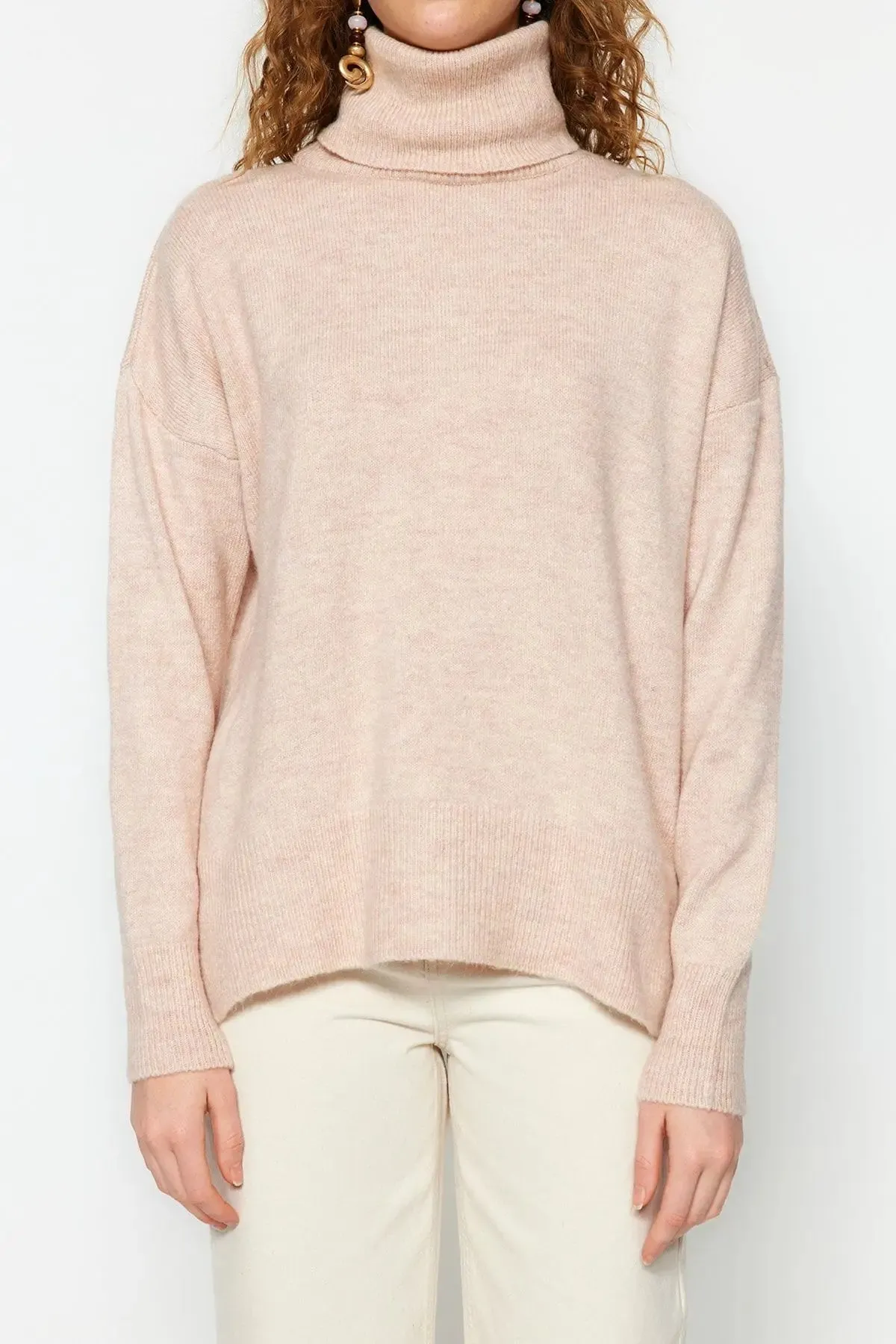 Trendyol TYZA Damen-Pullover, Übergröße, lässige Strickwaren, einfarbiger Rollkragenpullover, schulterfreie Pullover und Pullover, Übergröße, lässige Strickwaren
