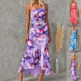 Vibrant Watercolor Flowers Print One-Shoulder Dress