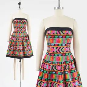 Vintage 80s Strapless Party Dress Colorful Geometric Striped Cotton Drop Waist Full Mini Dress by AJ Bari size Small