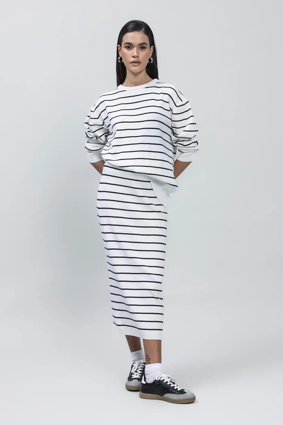 White Striped Knitted Midi Pencil Skirt