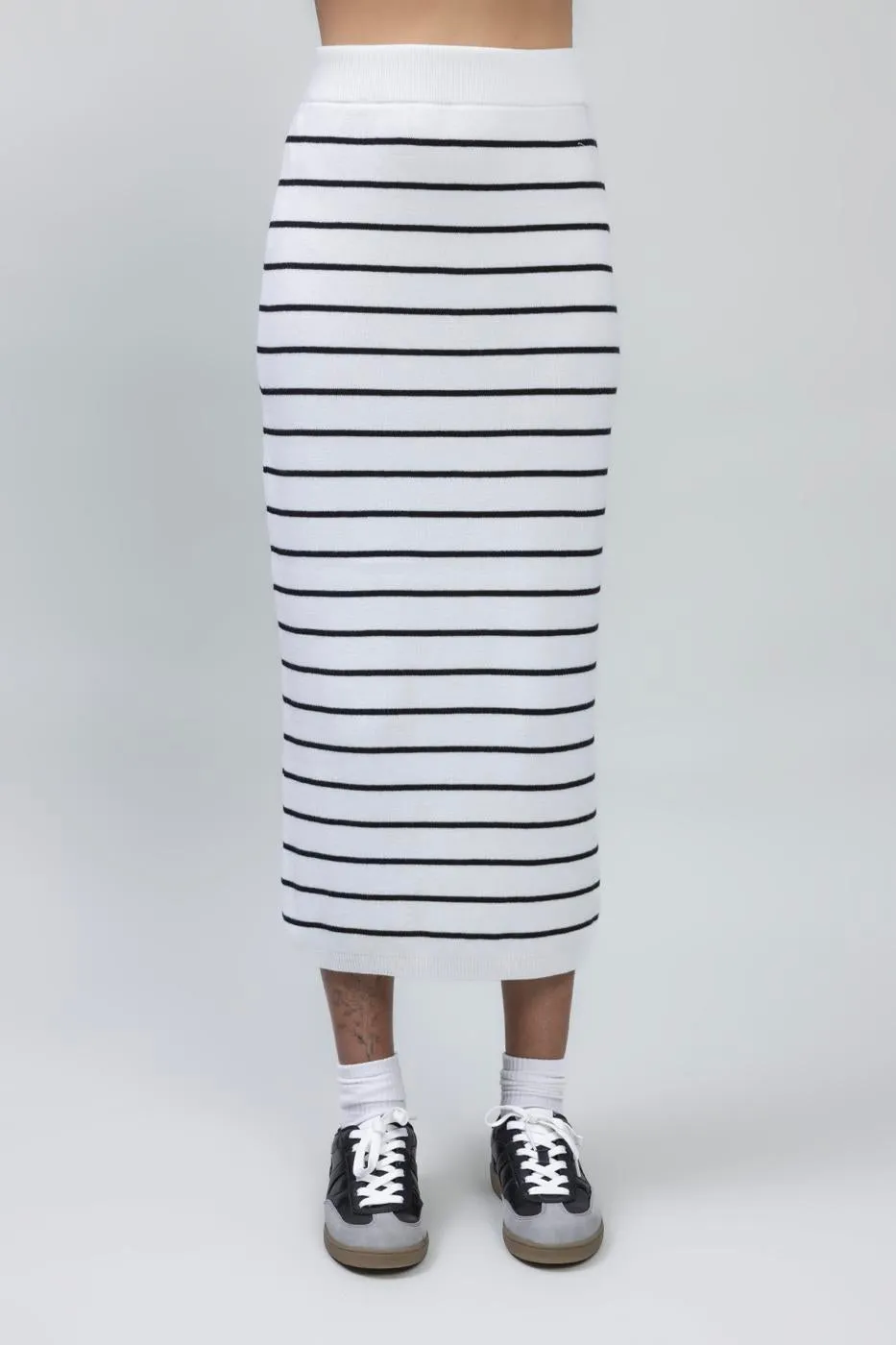 White Striped Knitted Midi Pencil Skirt