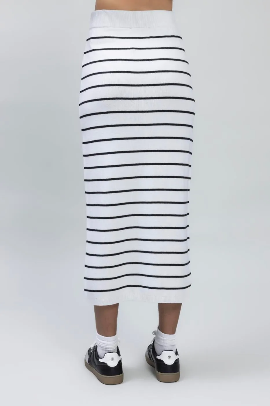 White Striped Knitted Midi Pencil Skirt