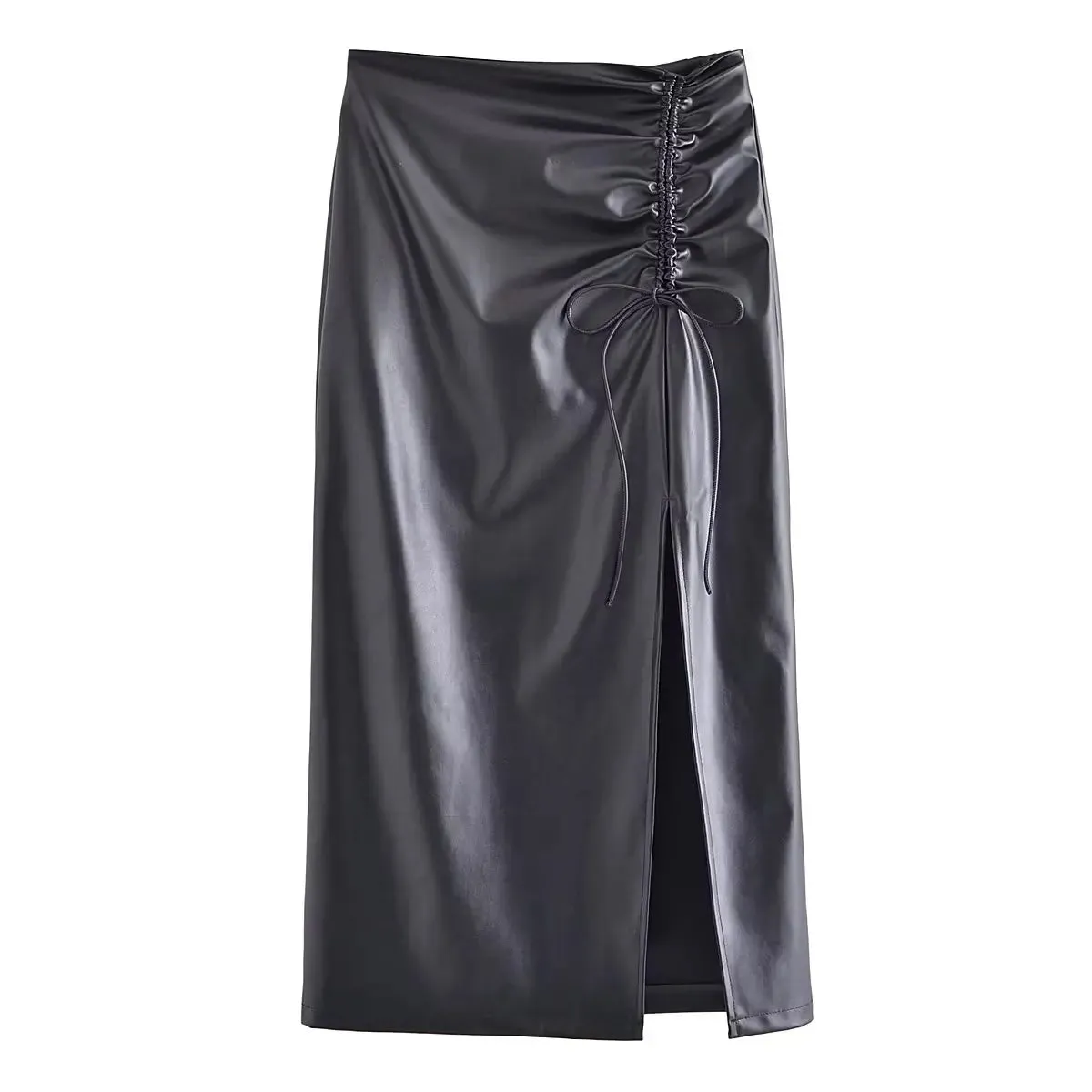 Women Faux Leather Slit Pencil Skirt