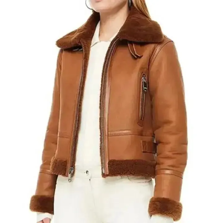Women’s Brown Vintage RAF Aviator Flight Pilot Shearling Jacket Classic & Cozy