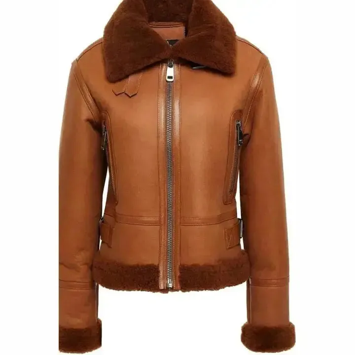 Women’s Brown Vintage RAF Aviator Flight Pilot Shearling Jacket Classic & Cozy
