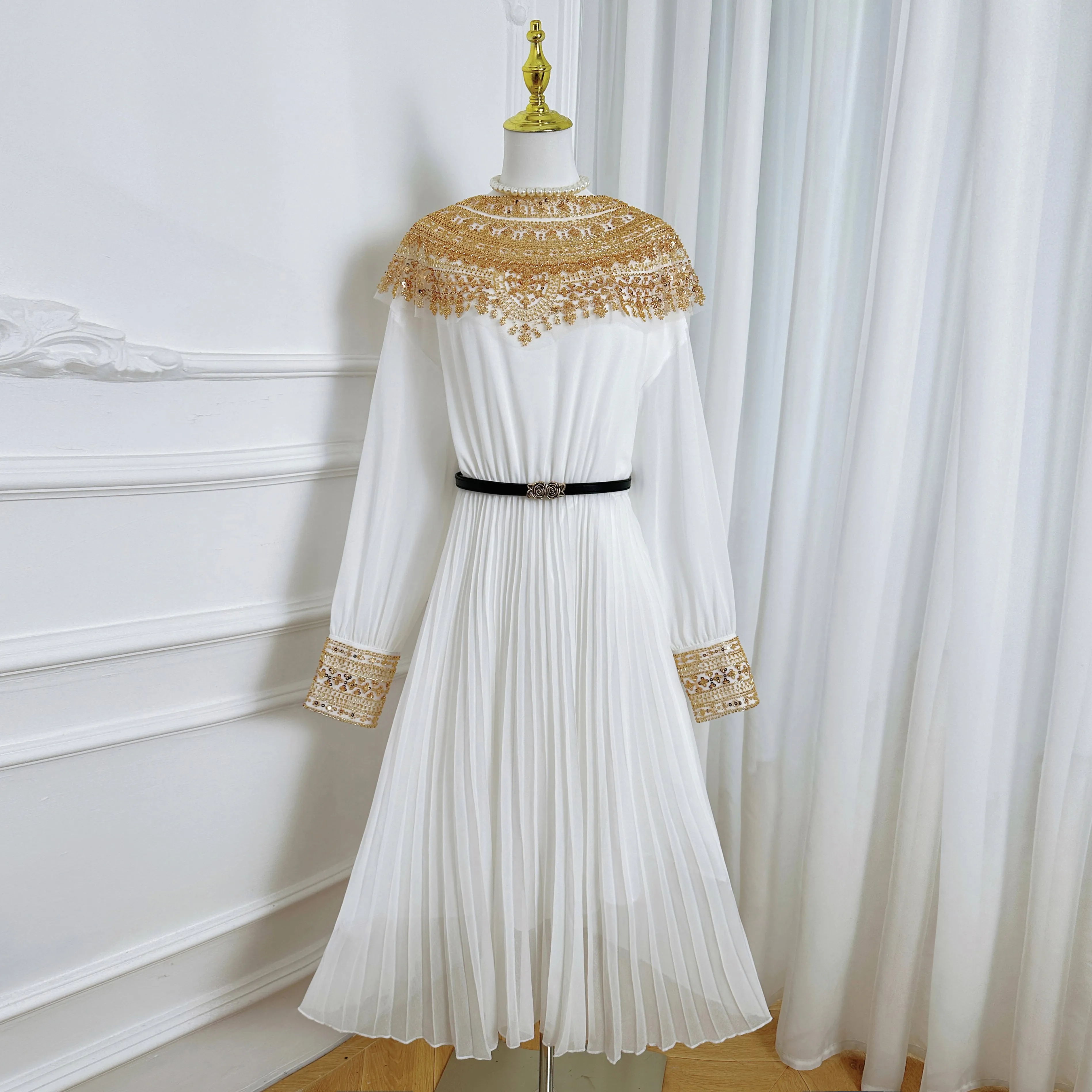 Women's Chiffon Gold Beaded Sequin Sparkly Pleated Maxi Dress