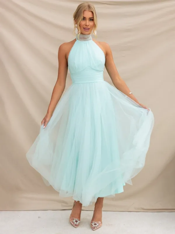 Women’s Elegant Sleeveless Halter Neck Formal Dress with Cinched High Waist