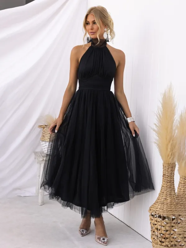 Women’s Elegant Sleeveless Halter Neck Formal Dress with Cinched High Waist