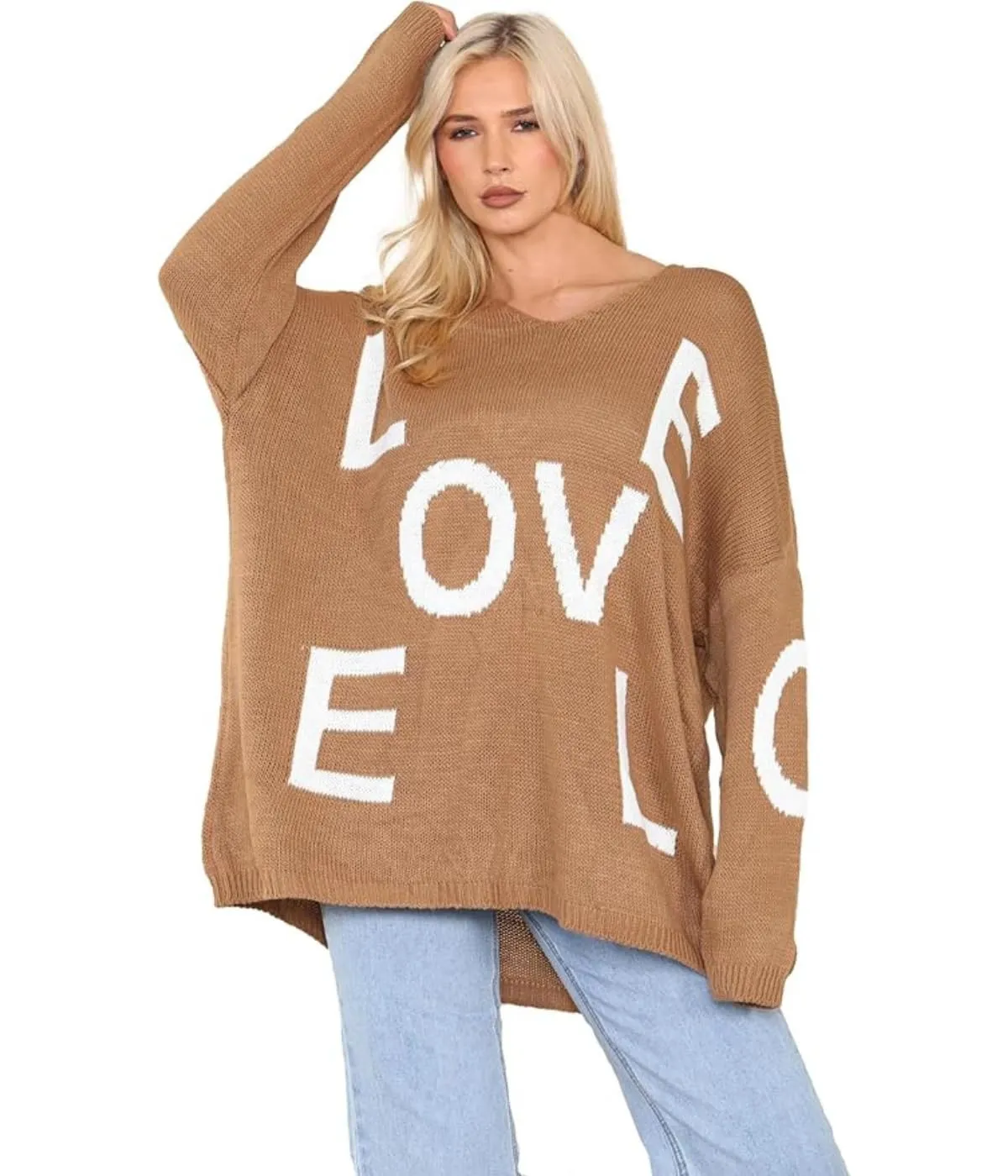 Womens Italian Knitted Oversized Lagenlook Love Print Jumper
