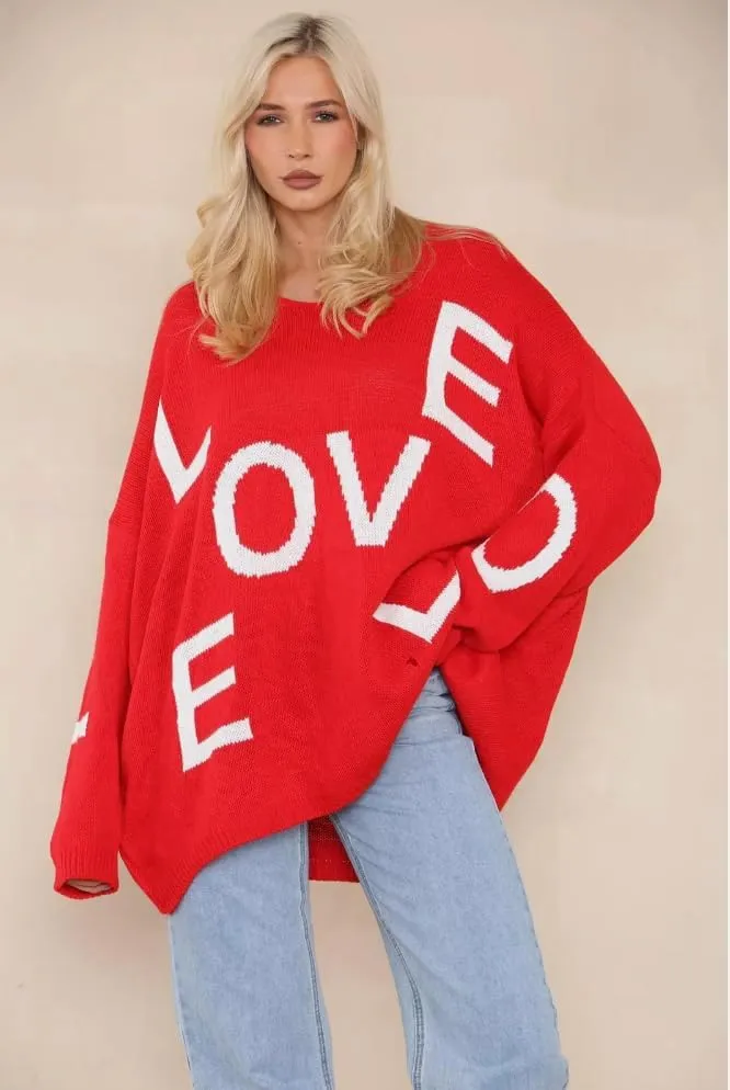 Womens Italian Knitted Oversized Lagenlook Love Print Jumper