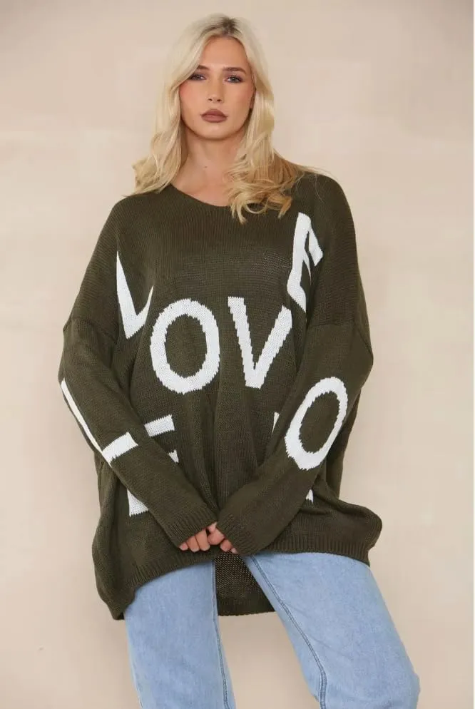 Womens Italian Knitted Oversized Lagenlook Love Print Jumper