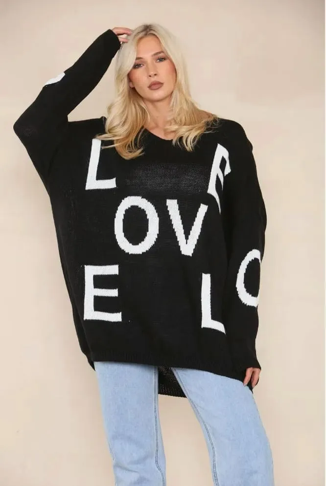 Womens Italian Knitted Oversized Lagenlook Love Print Jumper
