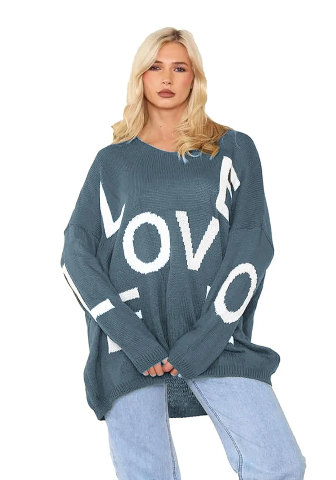 Womens Italian Knitted Oversized Lagenlook Love Print Jumper