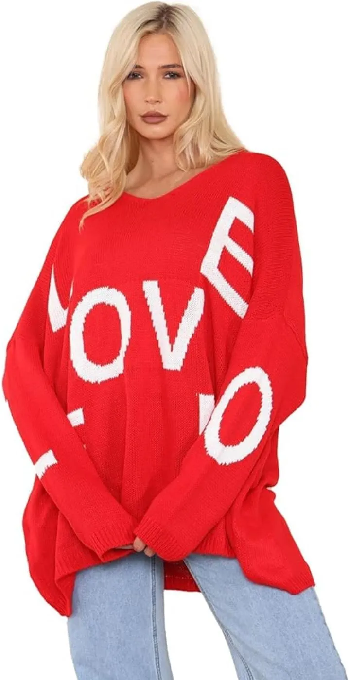 Womens Italian Knitted Oversized Lagenlook Love Print Jumper