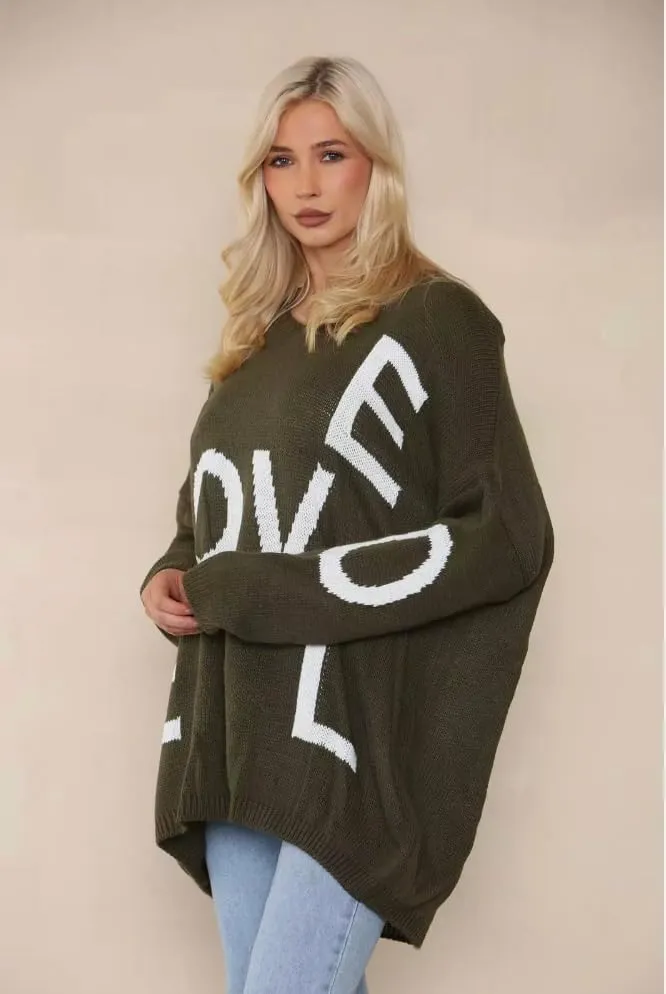Womens Italian Knitted Oversized Lagenlook Love Print Jumper