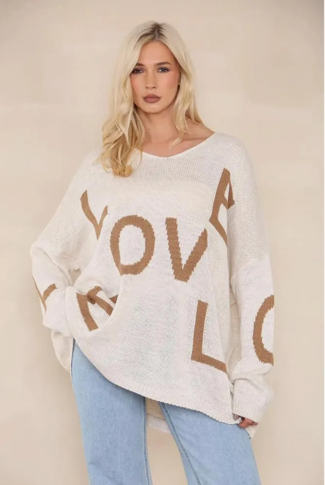 Womens Italian Knitted Oversized Lagenlook Love Print Jumper