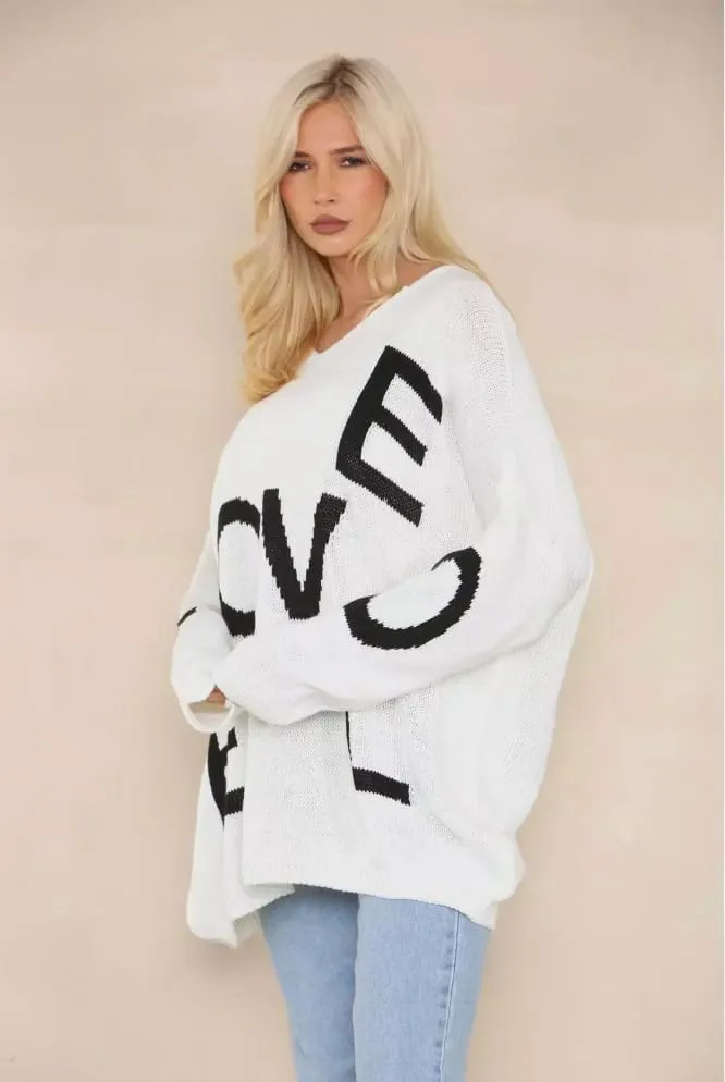 Womens Italian Knitted Oversized Lagenlook Love Print Jumper
