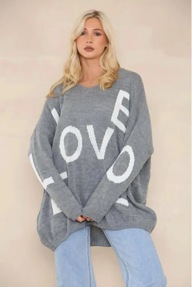 Womens Italian Knitted Oversized Lagenlook Love Print Jumper