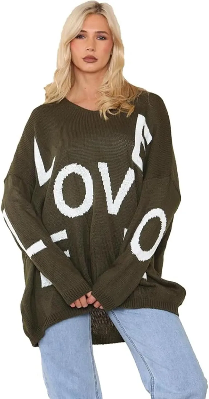 Womens Italian Knitted Oversized Lagenlook Love Print Jumper