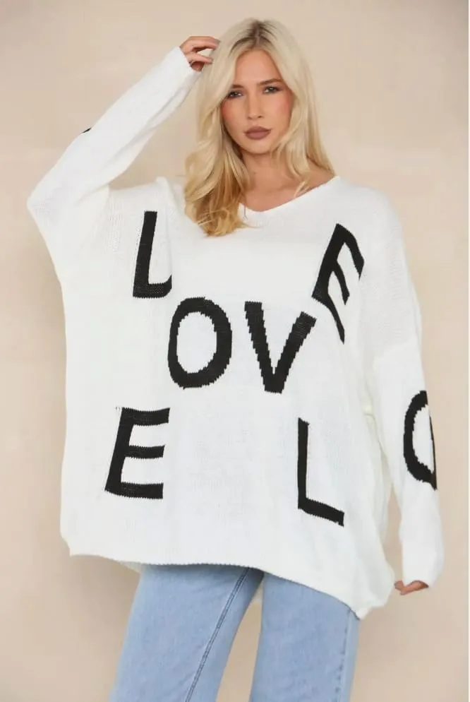 Womens Italian Knitted Oversized Lagenlook Love Print Jumper