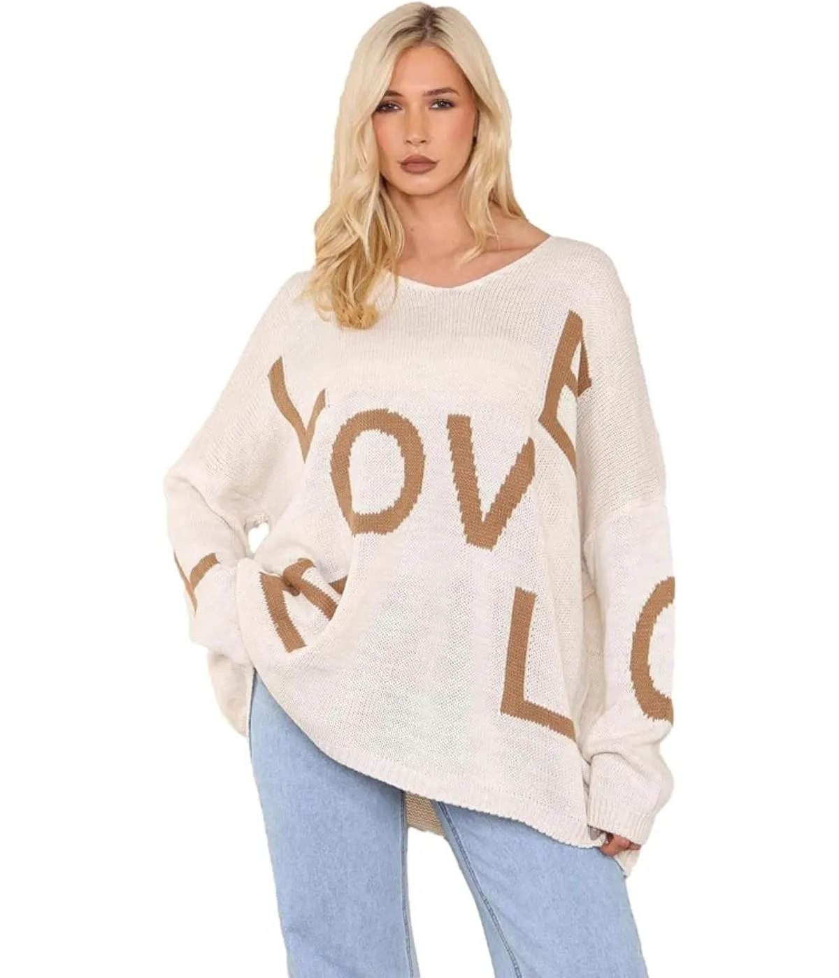 Womens Italian Knitted Oversized Lagenlook Love Print Jumper
