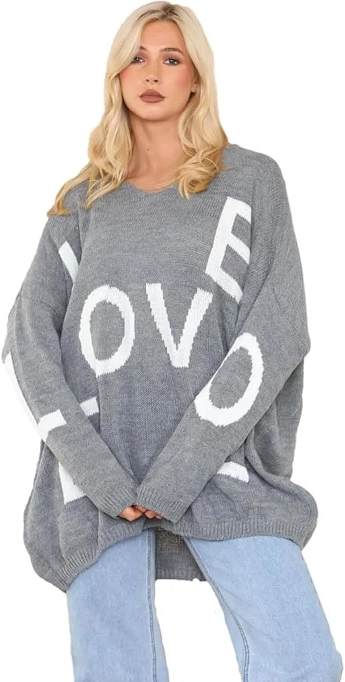 Womens Italian Knitted Oversized Lagenlook Love Print Jumper
