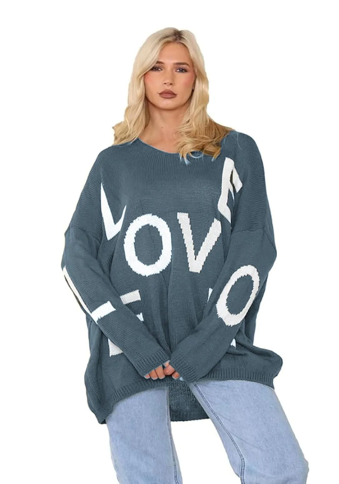 Womens Italian Knitted Oversized Lagenlook Love Print Jumper