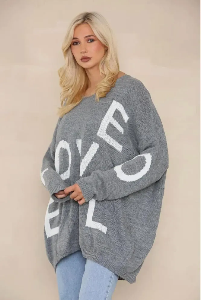 Womens Italian Knitted Oversized Lagenlook Love Print Jumper
