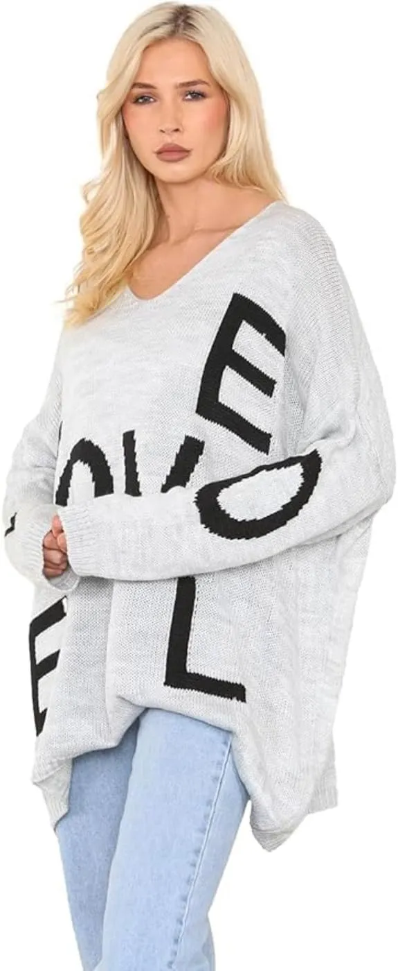 Womens Italian Knitted Oversized Lagenlook Love Print Jumper