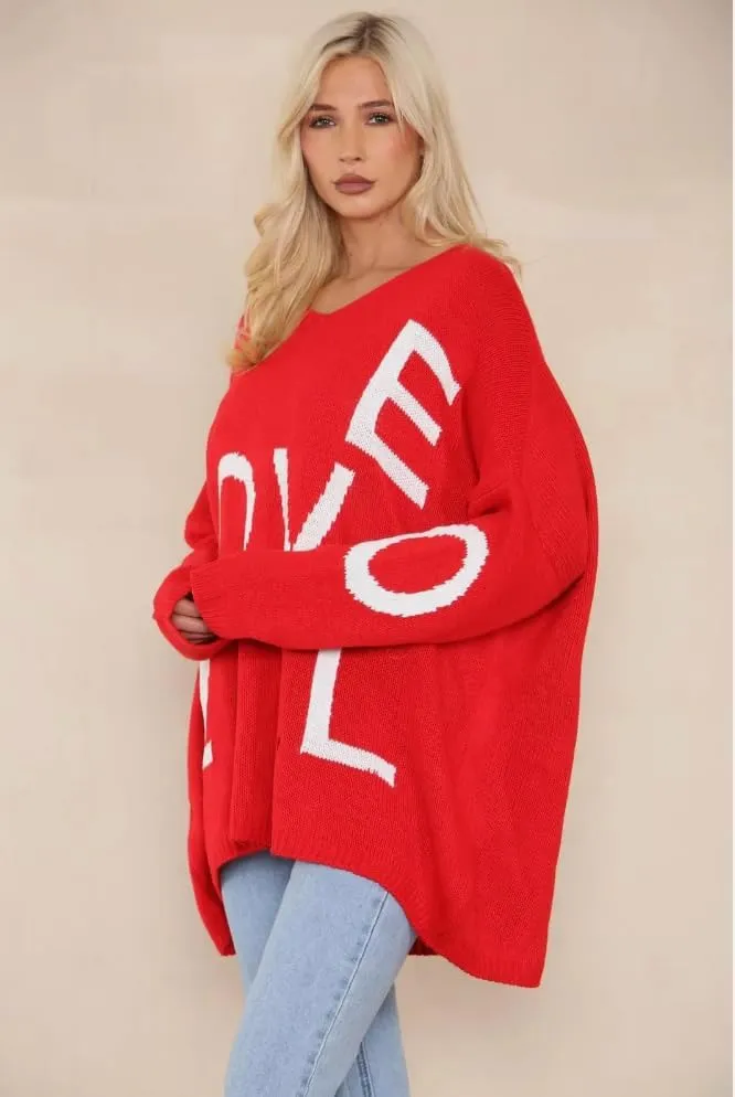 Womens Italian Knitted Oversized Lagenlook Love Print Jumper