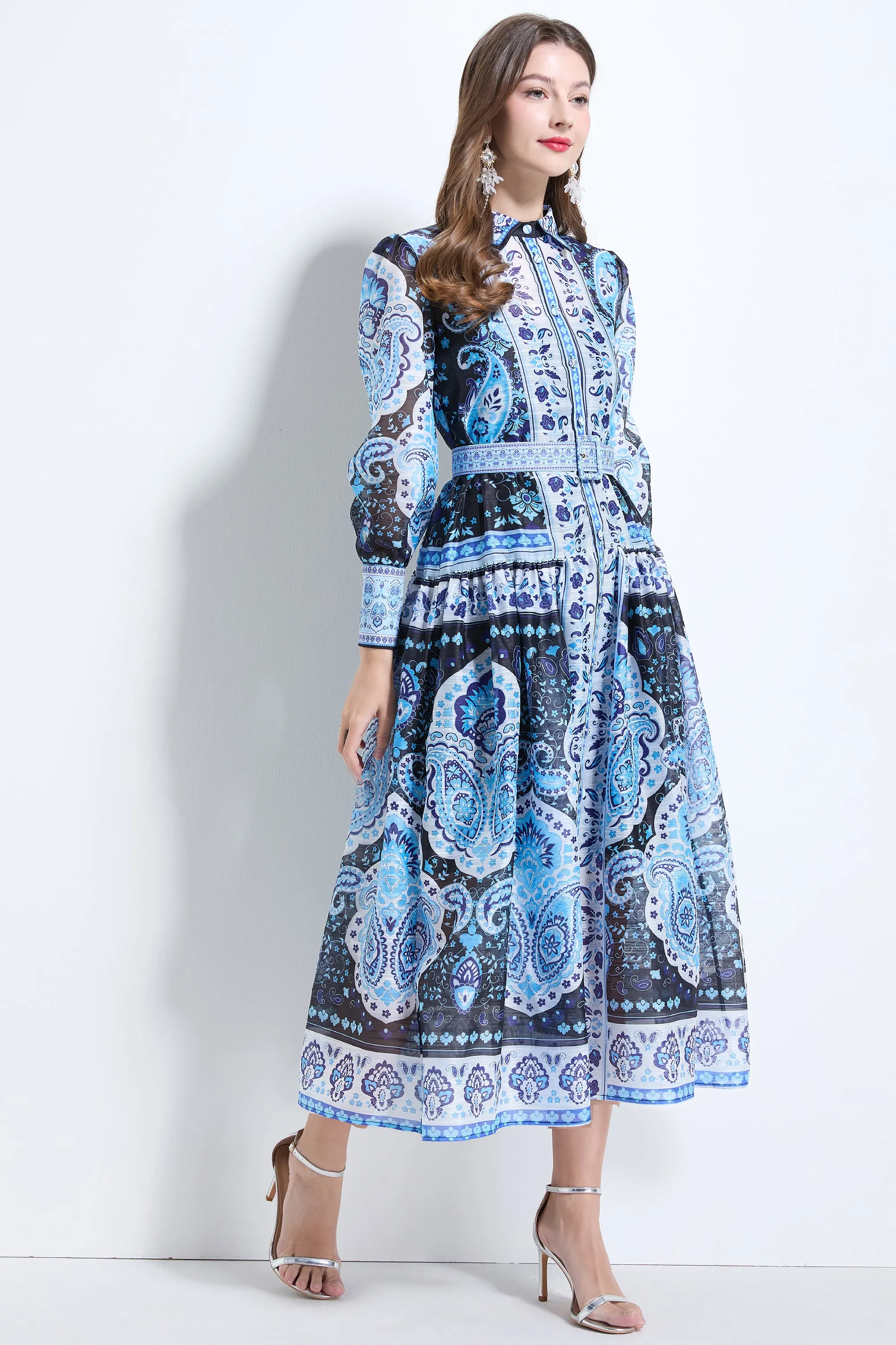 Women's Long Sleeve Button Floral Pring Maxi Dress
