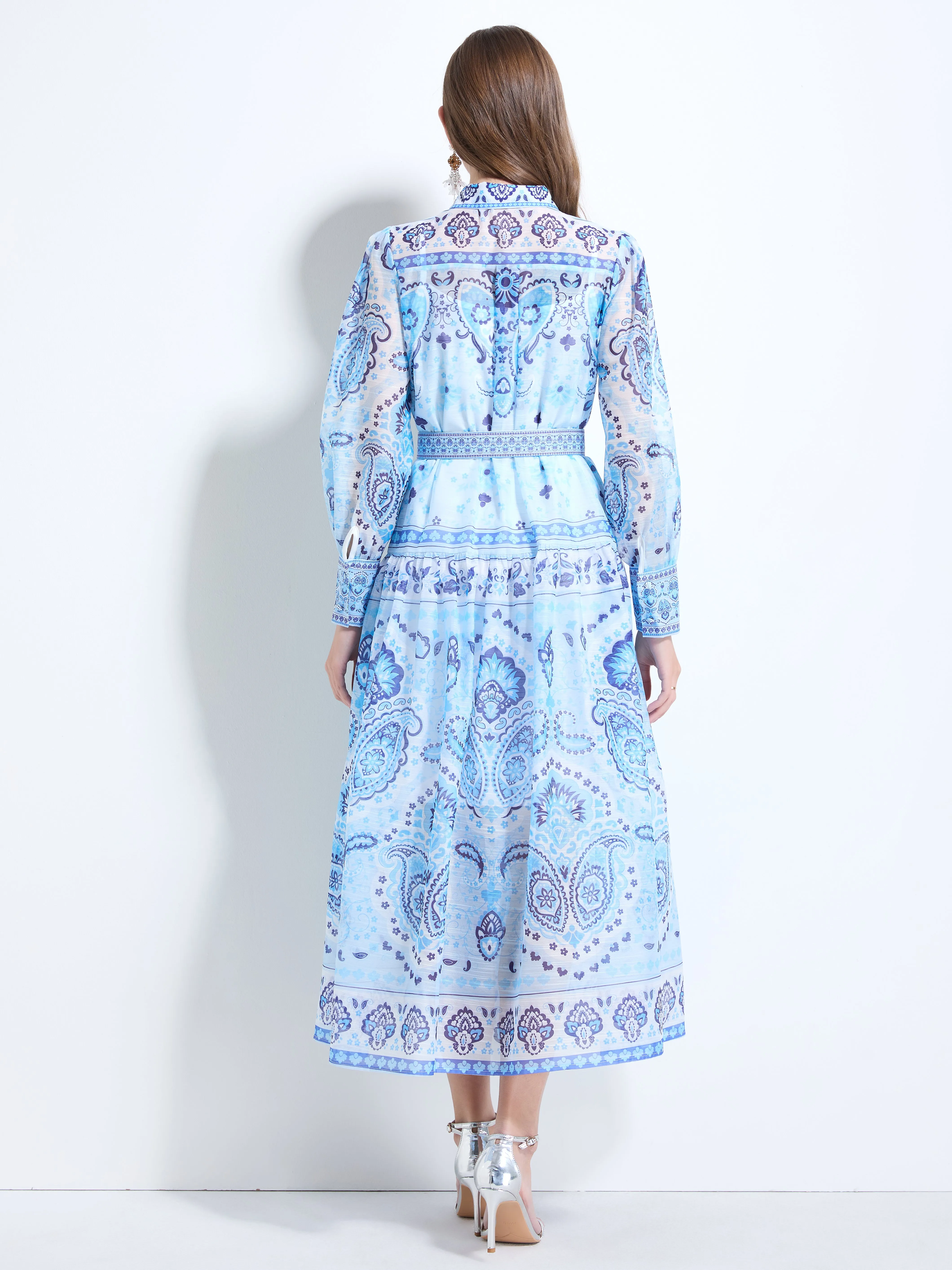 Women's Long Sleeve Button Floral Pring Maxi Dress