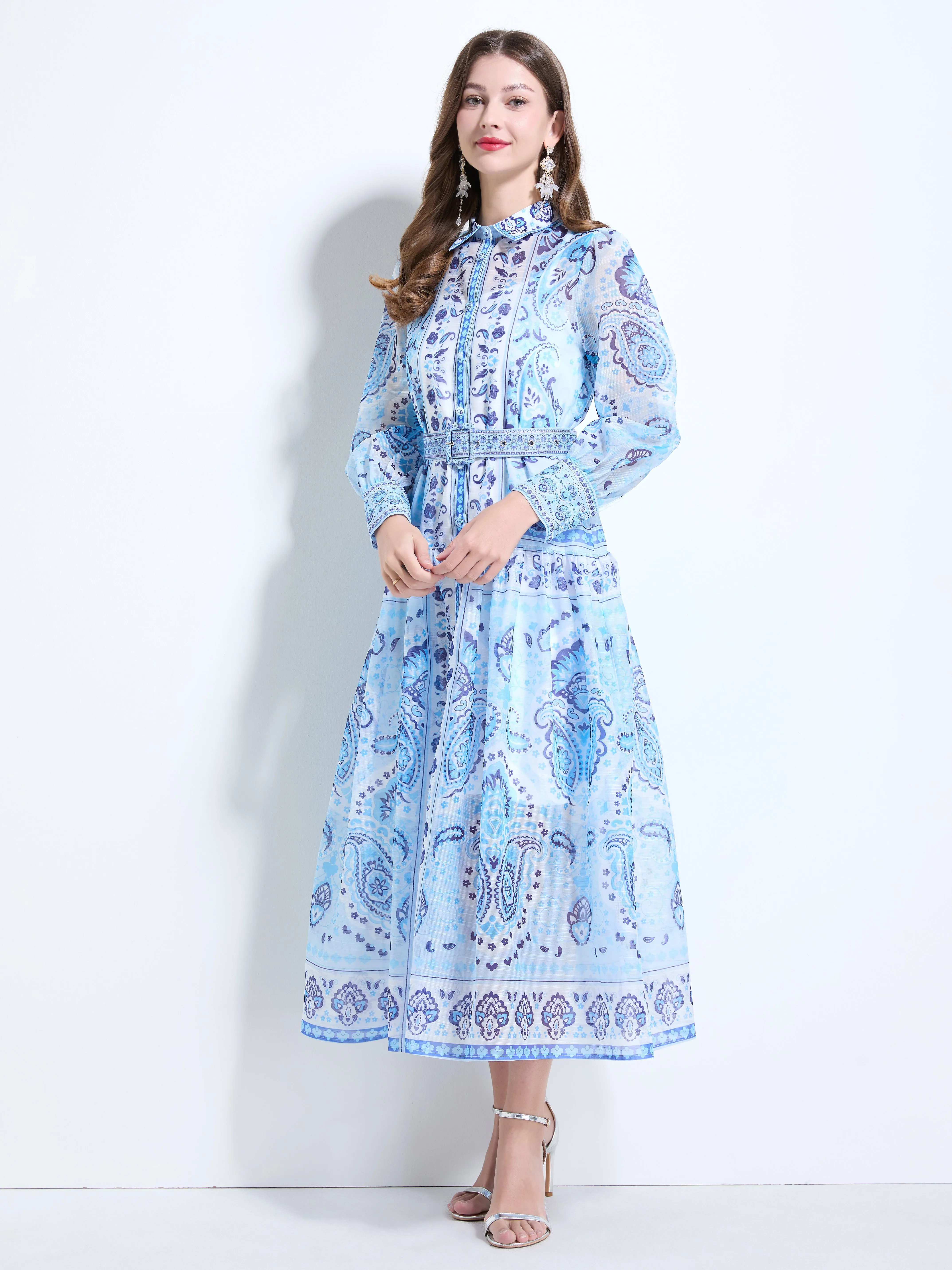 Women's Long Sleeve Button Floral Pring Maxi Dress