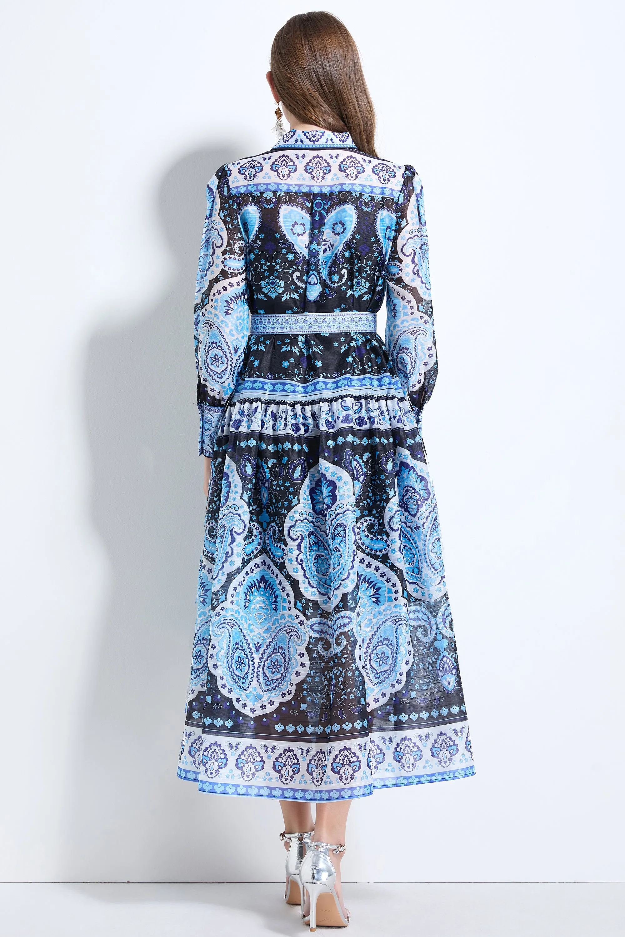 Women's Long Sleeve Button Floral Pring Maxi Dress