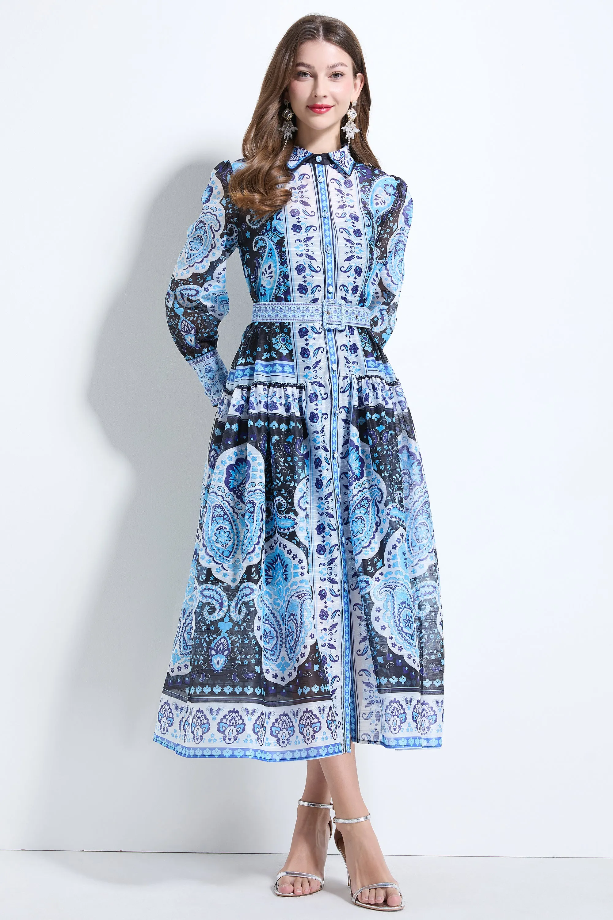 Women's Long Sleeve Button Floral Pring Maxi Dress