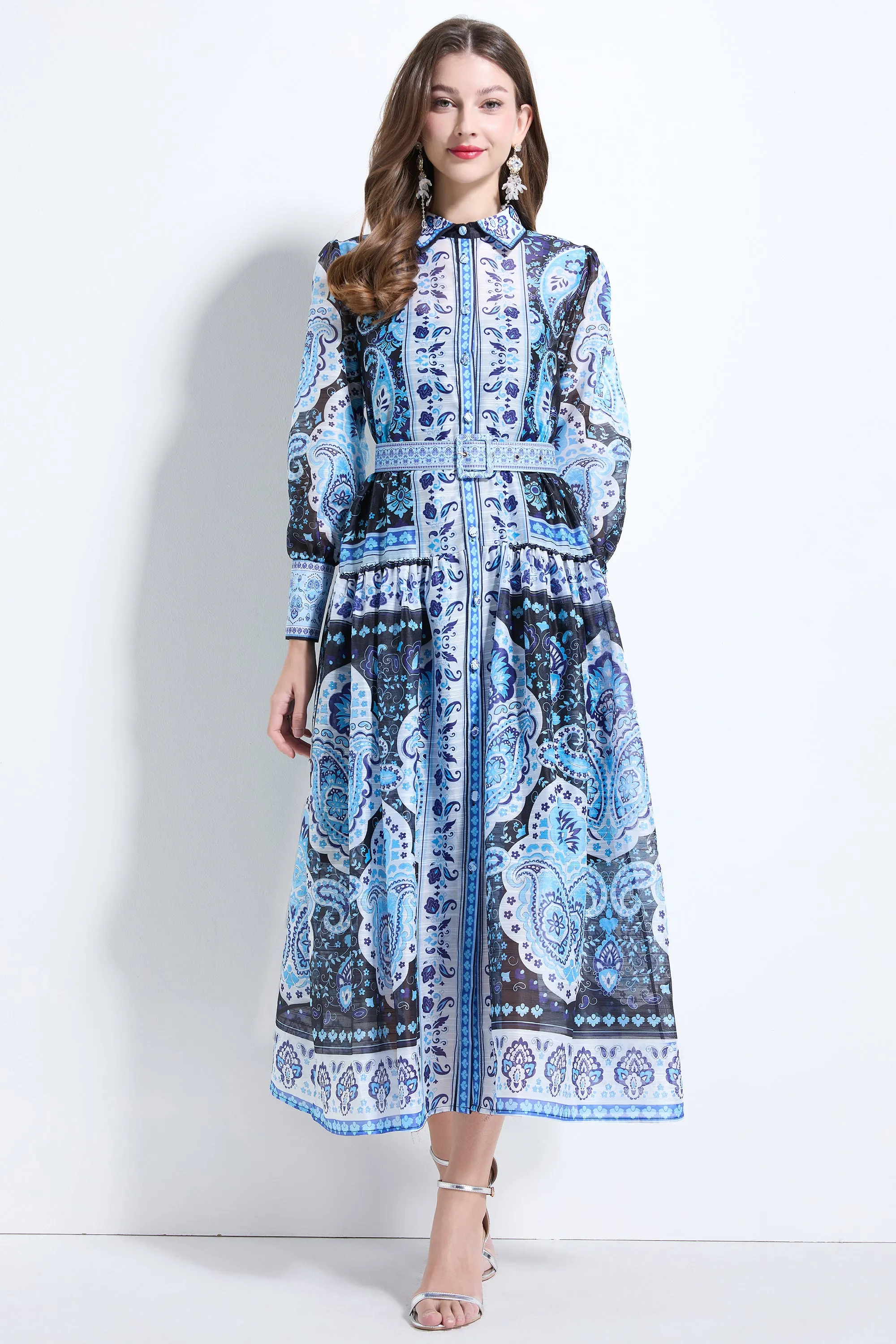 Women's Long Sleeve Button Floral Pring Maxi Dress