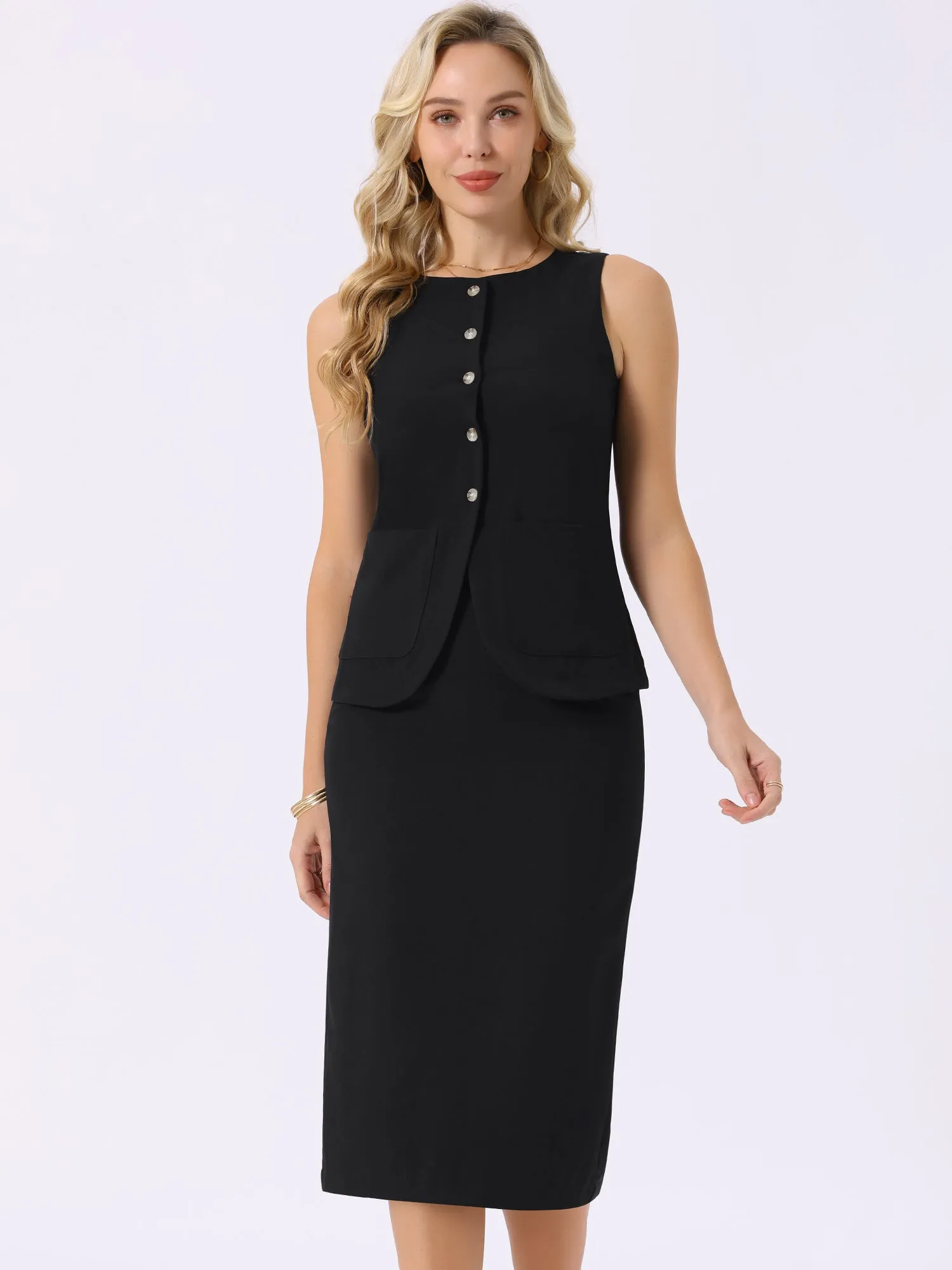 Women's Summer 2 Piece Suit Business Work Button Down Sleeveless Vest Blazer and Pencil Skirt Set