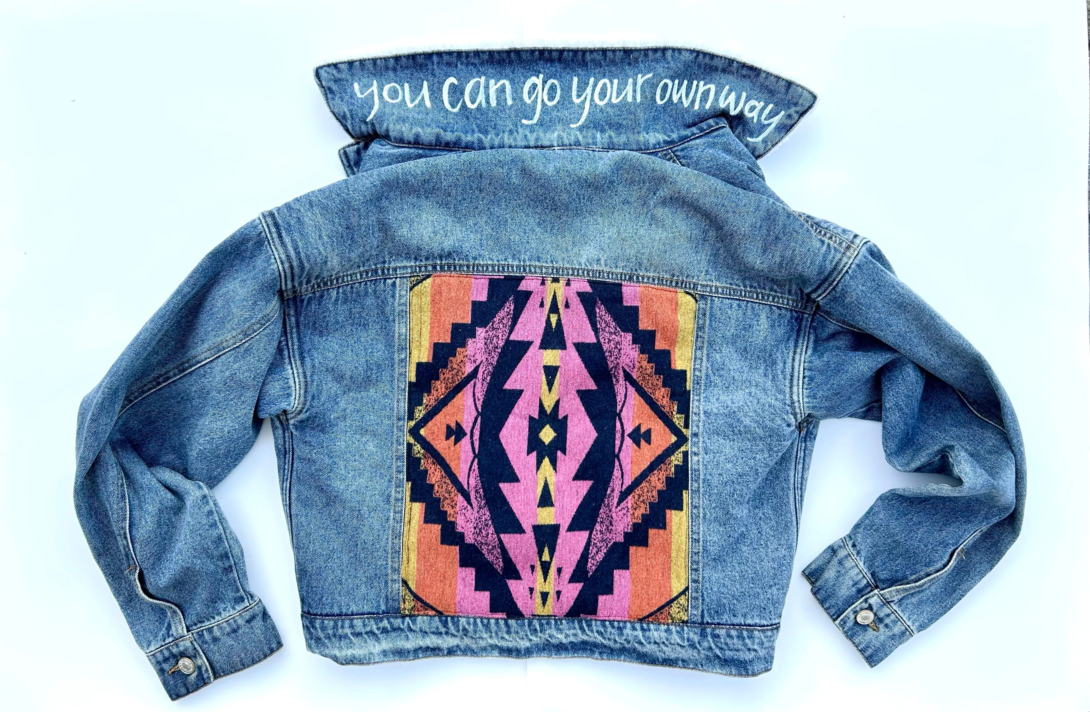 women's upcycled denim jacket: upcycled faux shearling southwestern wool blanket remnant black, pink, orange, yellow